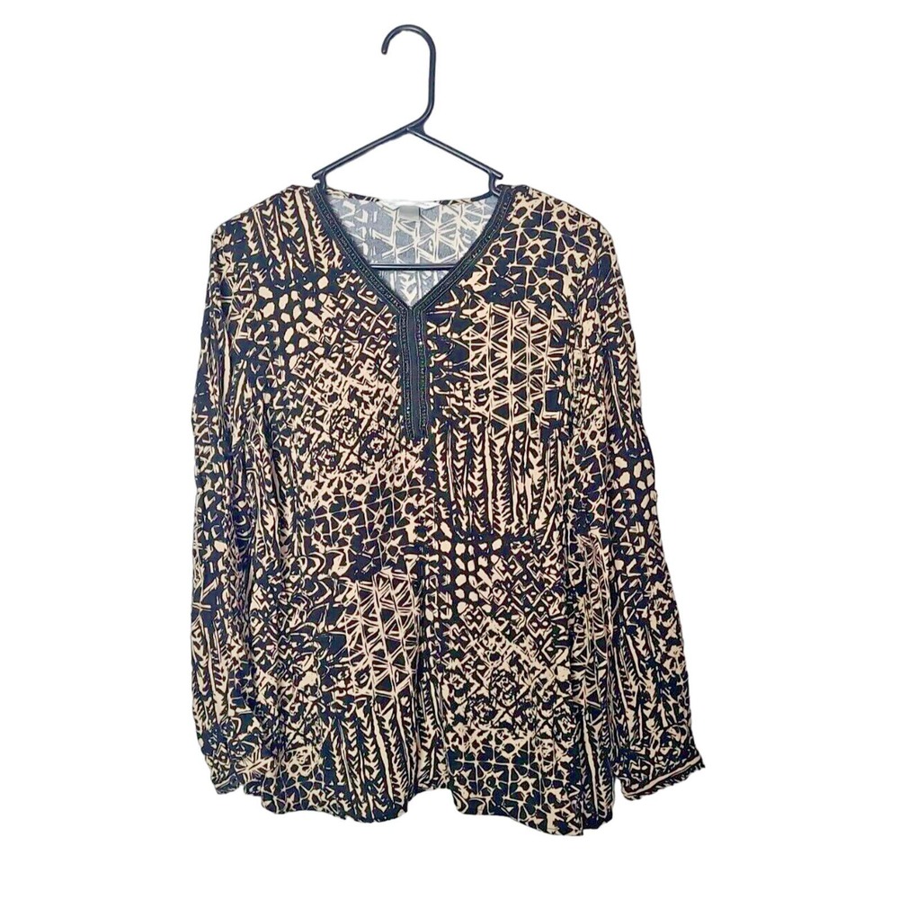 Christopher & Banks Tan Black Geometric Print V-Neck Top Womans Size Large